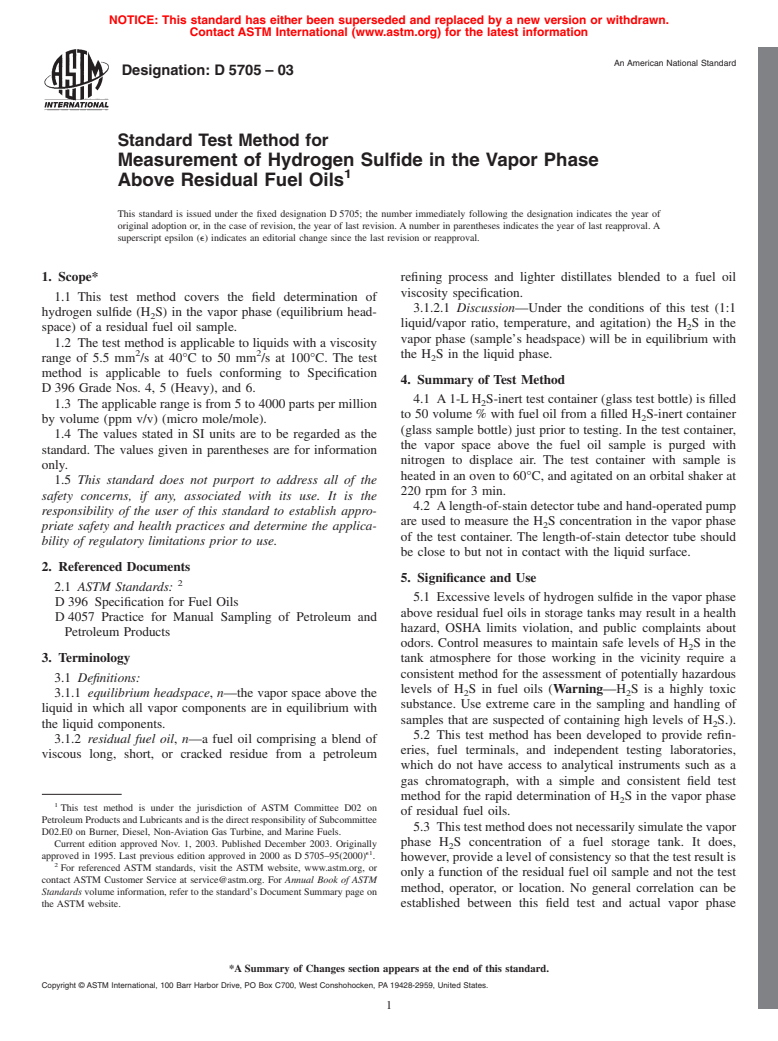 ASTM D5705-03 - Standard Test Method for Measurement of Hydrogen Sulfide in the Vapor Phase Above Residual Fuel Oils