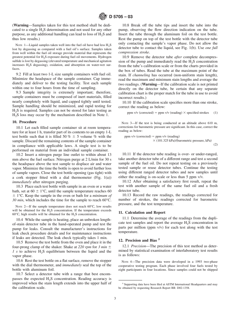 ASTM D5705-03 - Standard Test Method for Measurement of Hydrogen Sulfide in the Vapor Phase Above Residual Fuel Oils