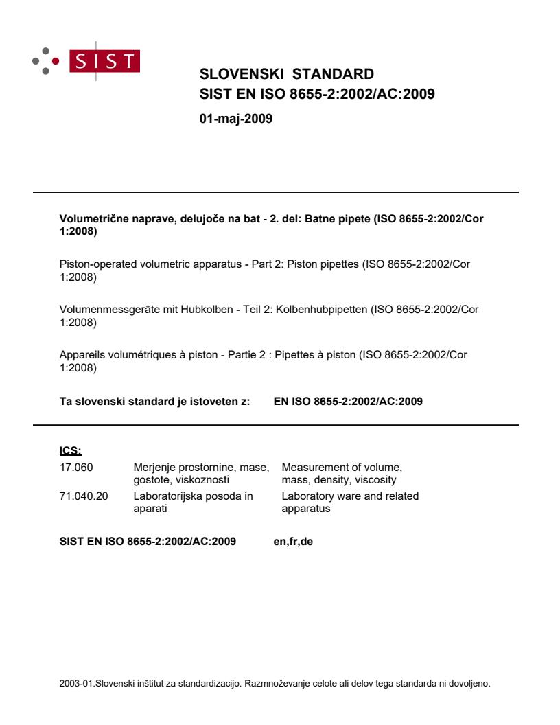 EN ISO 8655-2:2002/AC:2009