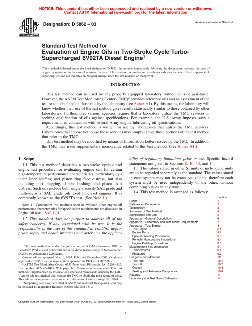 ASTM D5862-03 - Standard Test Method for Evaluation of Engine Oils in Two-Stroke Cycle Turbo-Supercharged 6V92TA Diesel Engine