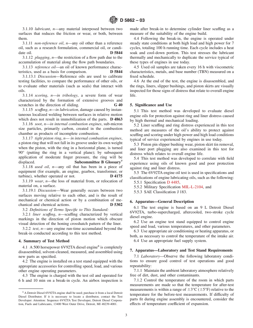 ASTM D5862-03 - Standard Test Method for Evaluation of Engine Oils in Two-Stroke Cycle Turbo-Supercharged 6V92TA Diesel Engine