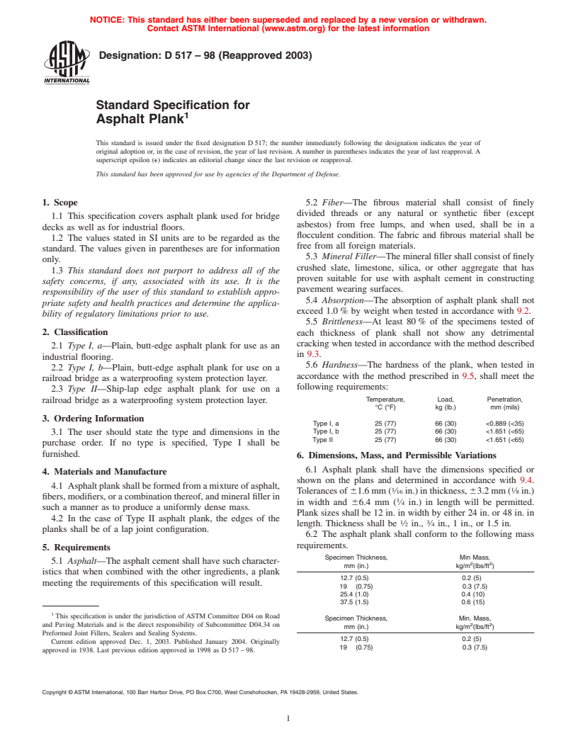 ASTM D517-98(2003) - Standard Specification for Asphalt Plank