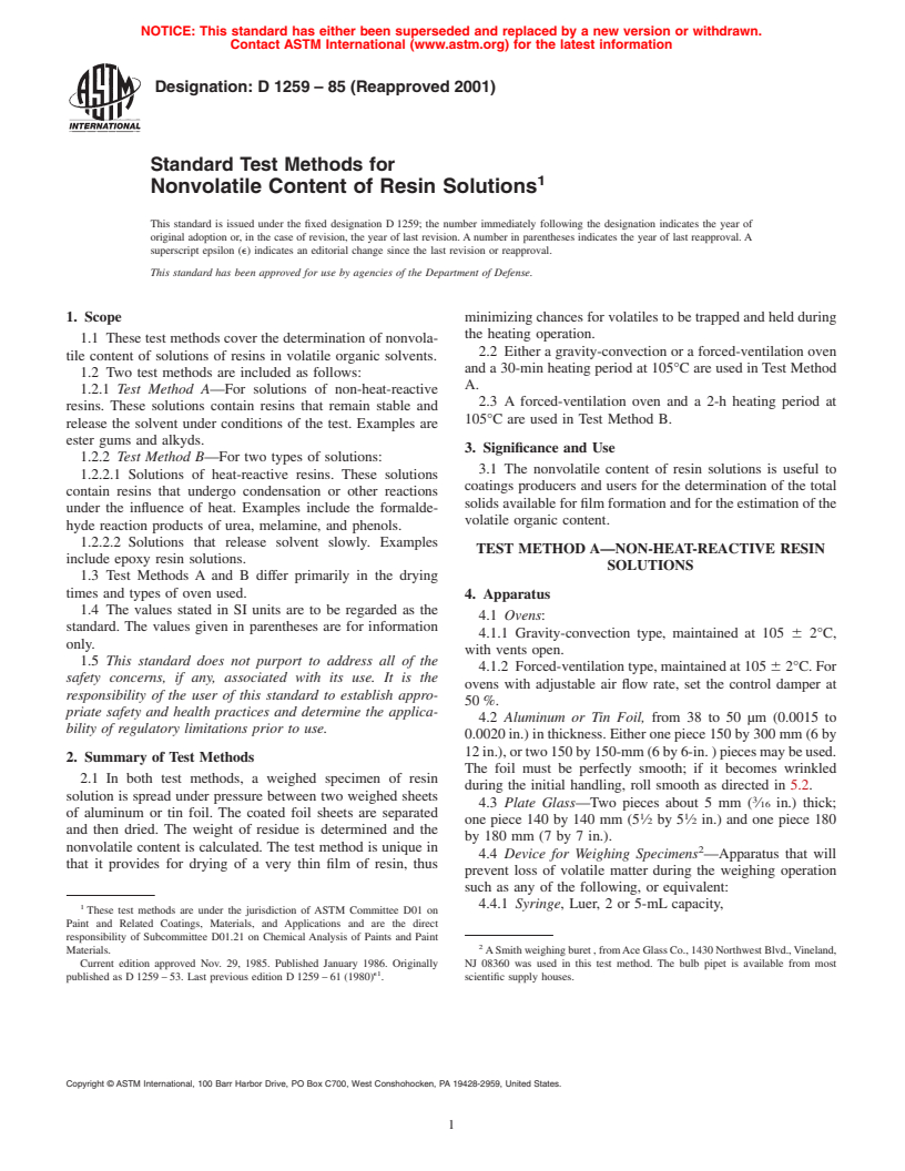 ASTM D1259-85(2001) - Standard Test Methods for Nonvolatile Content of Resin Solutions