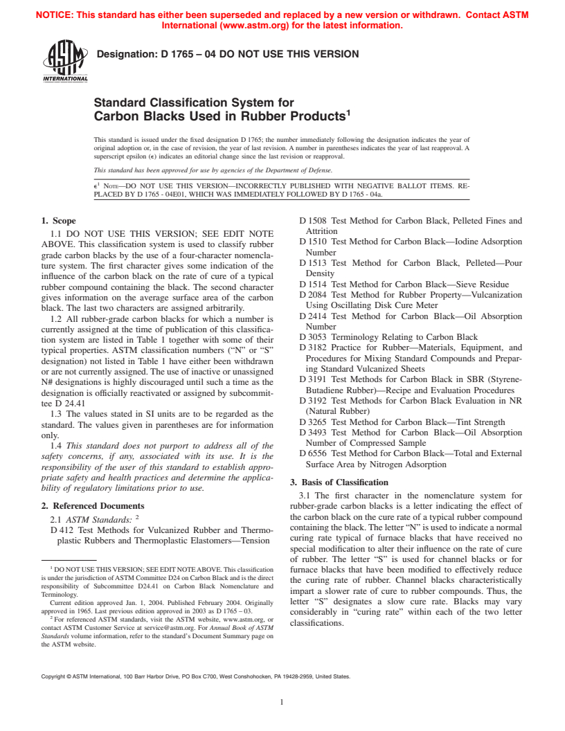 ASTM D1765-04 - Standard Classification System for Carbon Blacks Used in Rubber Products