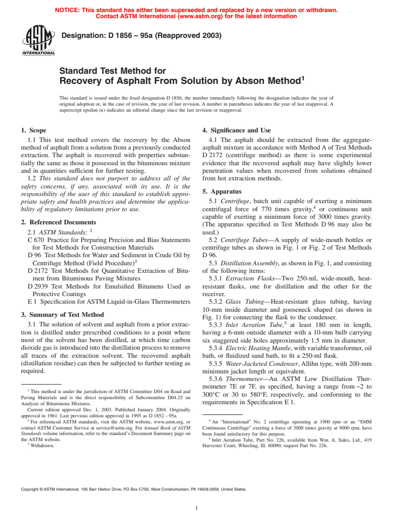 ASTM D1856-95a(2003) - Standard Test Method for Recovery of Asphalt From Solution by Abson Method