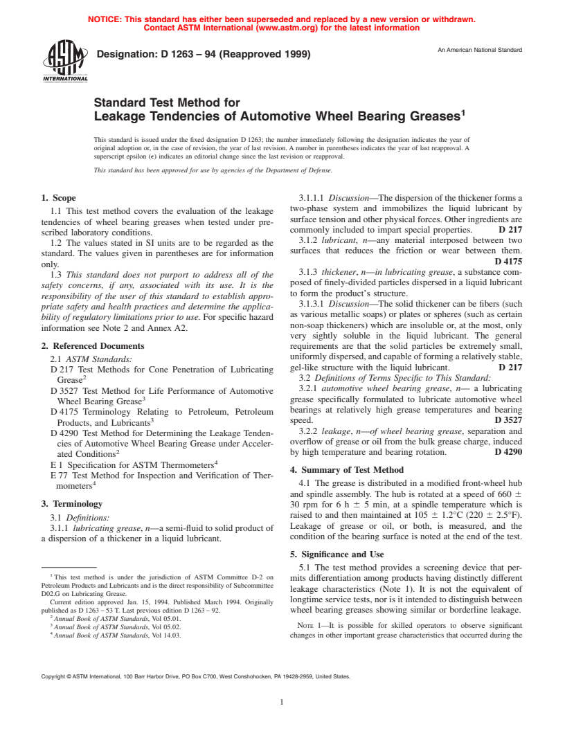 ASTM D1263-94(1999) - Standard Test Method for Leakage Tendencies of Automotive Wheel Bearing Greases