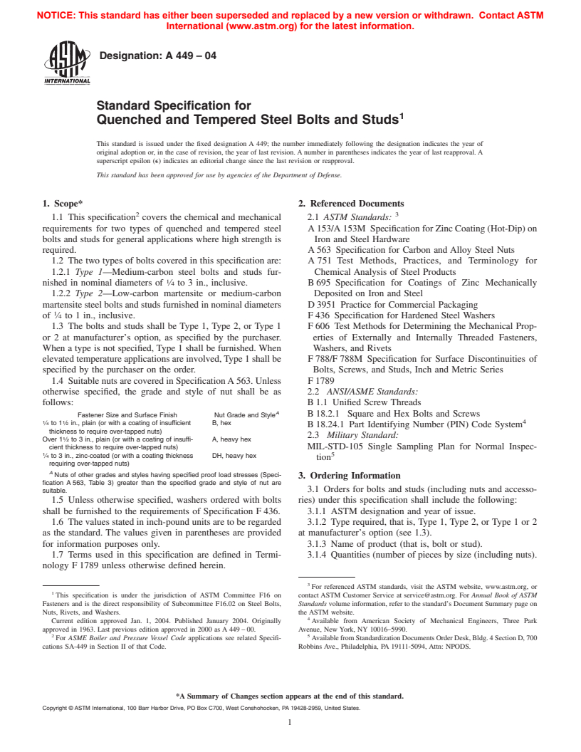 ASTM A449-04 - Standard Specification for Quenched and Tempered Steel Bolts and Studs