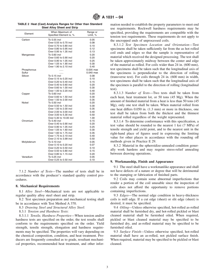 ASTM A1031-04 - Standard Specification for Steel, Sheet and Strip, Heavy-Thickness Coils, Alloy, Drawing Steel and Structural Steel, Hot-Rolled