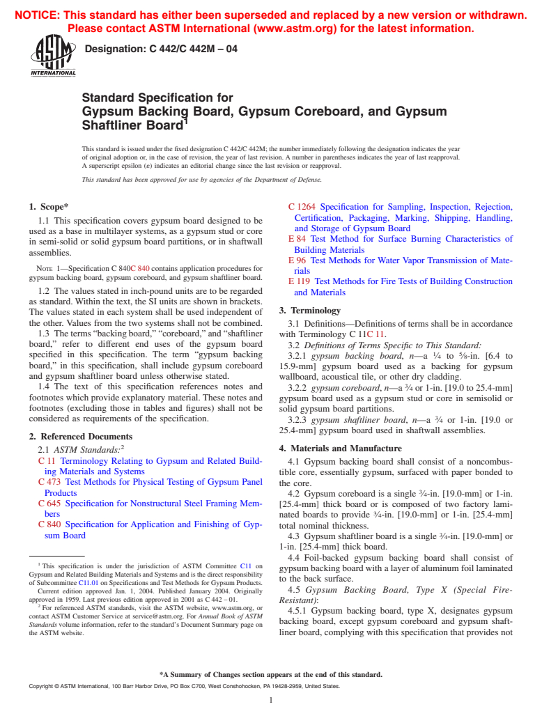 ASTM C442/C442M-04 - Standard Specification for Gypsum Backing Board, Gypsum Coreboard, and Gypsum Shaftliner Board