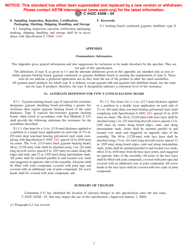 ASTM C442/C442M-04 - Standard Specification for Gypsum Backing Board, Gypsum Coreboard, and Gypsum Shaftliner Board