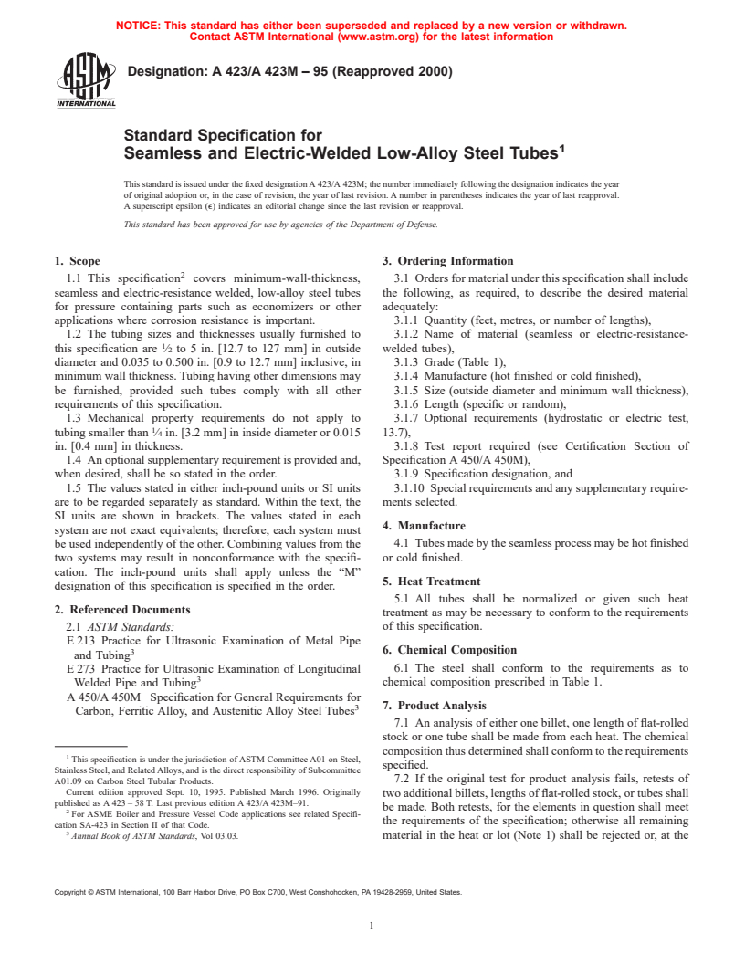 ASTM A423/A423M-95(2000) - Standard Specification for Seamless and Electric-Welded Low-Alloy Steel Tubes