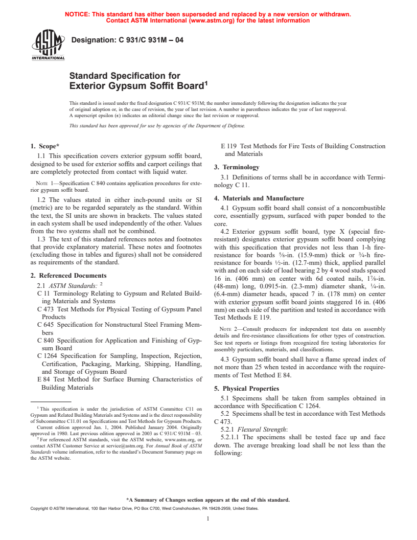ASTM C931/C931M-04 - Standard Specification for Exterior Gypsum Soffit Board