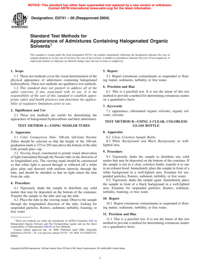ASTM D3741-00(2004) - Standard Test Methods for Appearance of Admixtures Containing Halogenated Organic Solvents
