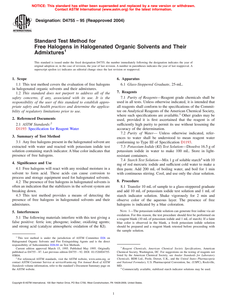 ASTM D4755-95(2004) - Standard Test Method for Free Halogens in Halogenated Organic Solvents and Their Admixtures