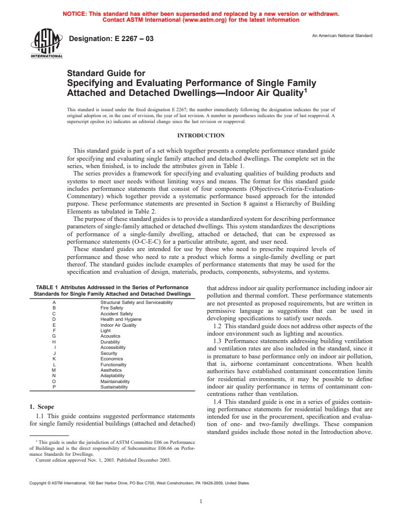 ASTM E2267-03 - Standard Guide for Specifying and Evaluating Performance of Single Family Attached and Detached Dwellings-Indoor Air Quality