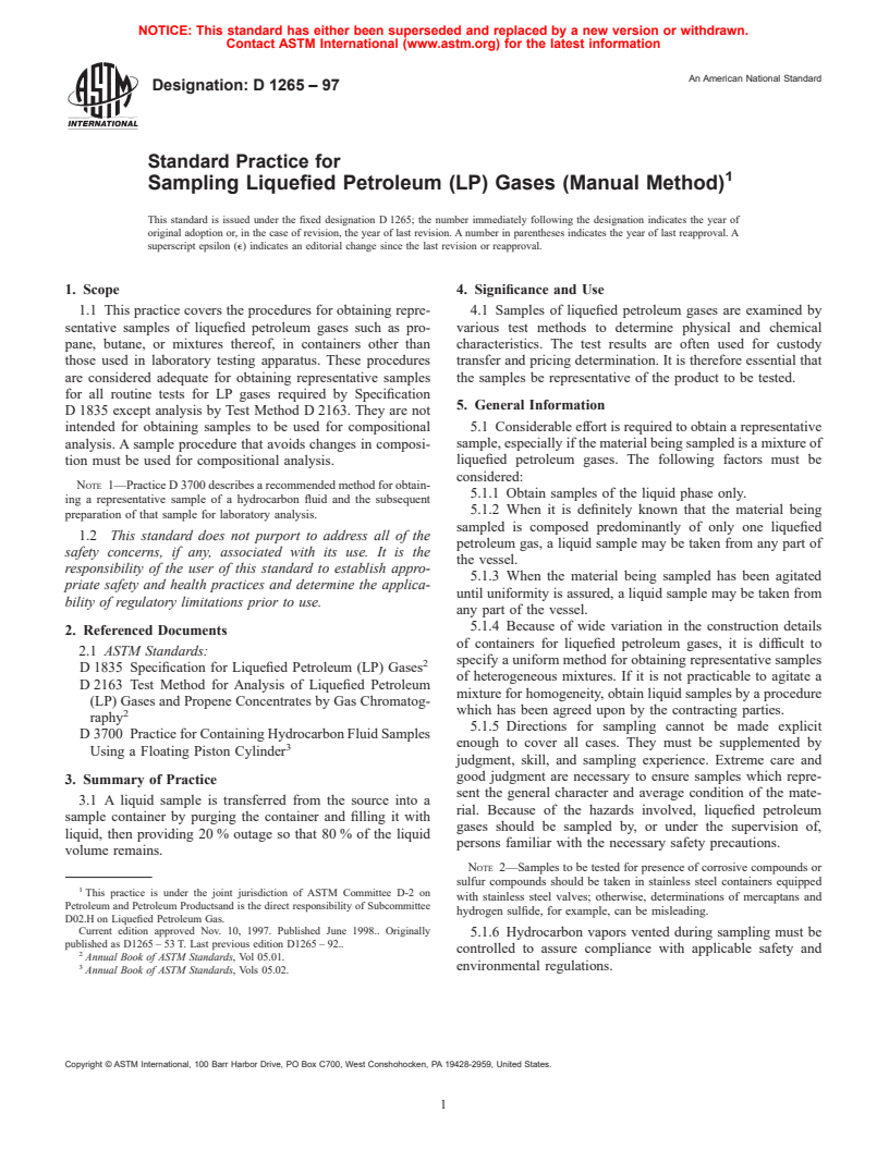 ASTM D1265-97 - Standard Practice for Sampling Liquefied Petroleum (LP) Gases (Manual Method)