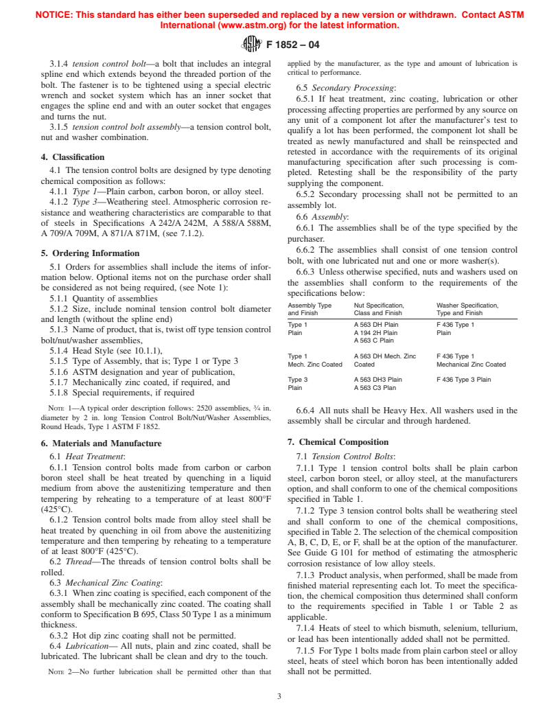 ASTM F1852-04 - Standard Specification for "Twist Off" Type Tension Control Structural Bolt/Nut/Washer Assemblies, Steel, Heat Treated, 120/105 ksi Minimum Tensile Strength