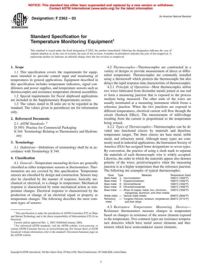 ASTM F2362-03 - Standard Specification for Temperature Monitoring Equipment