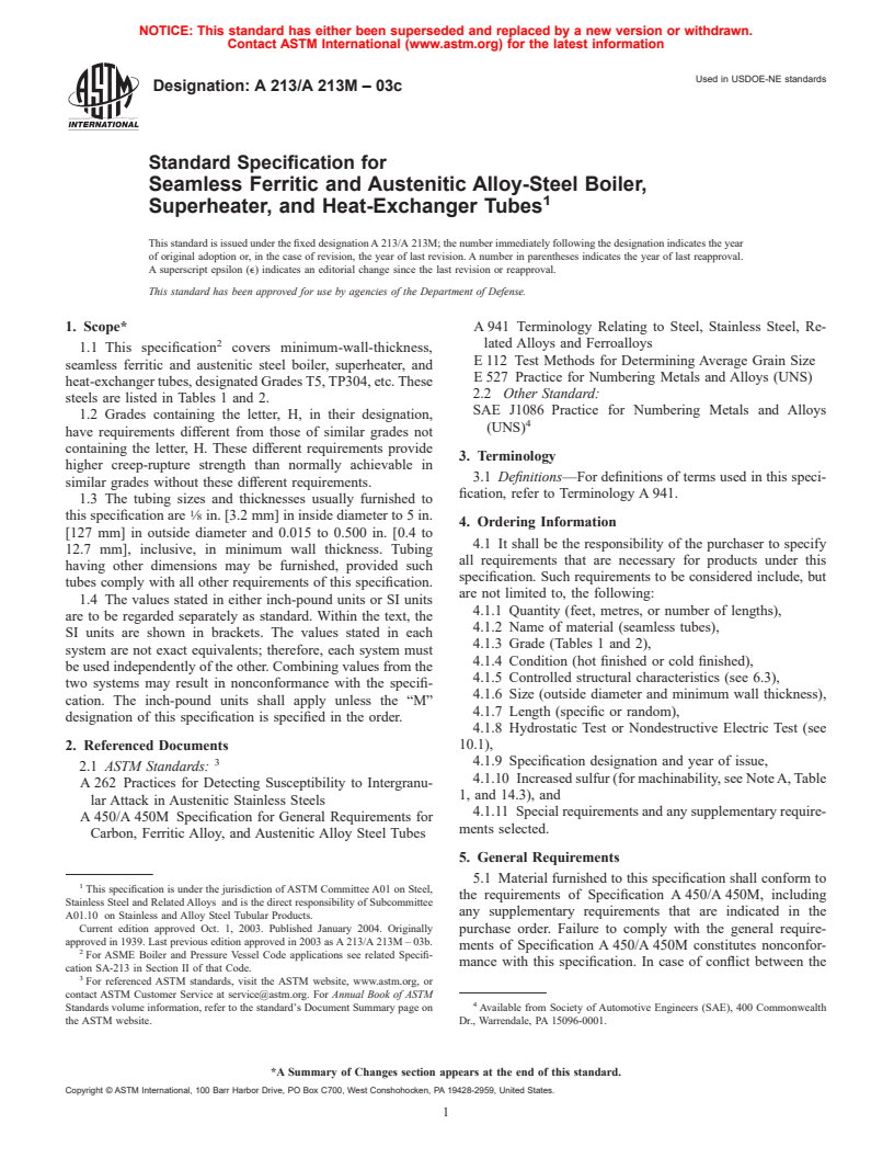 ASTM A213/A213M-03c - Standard Specification for Seamless Ferritic and Austenitic Alloy-Steel Boiler, Superheater, and Heat-Exchanger Tubes