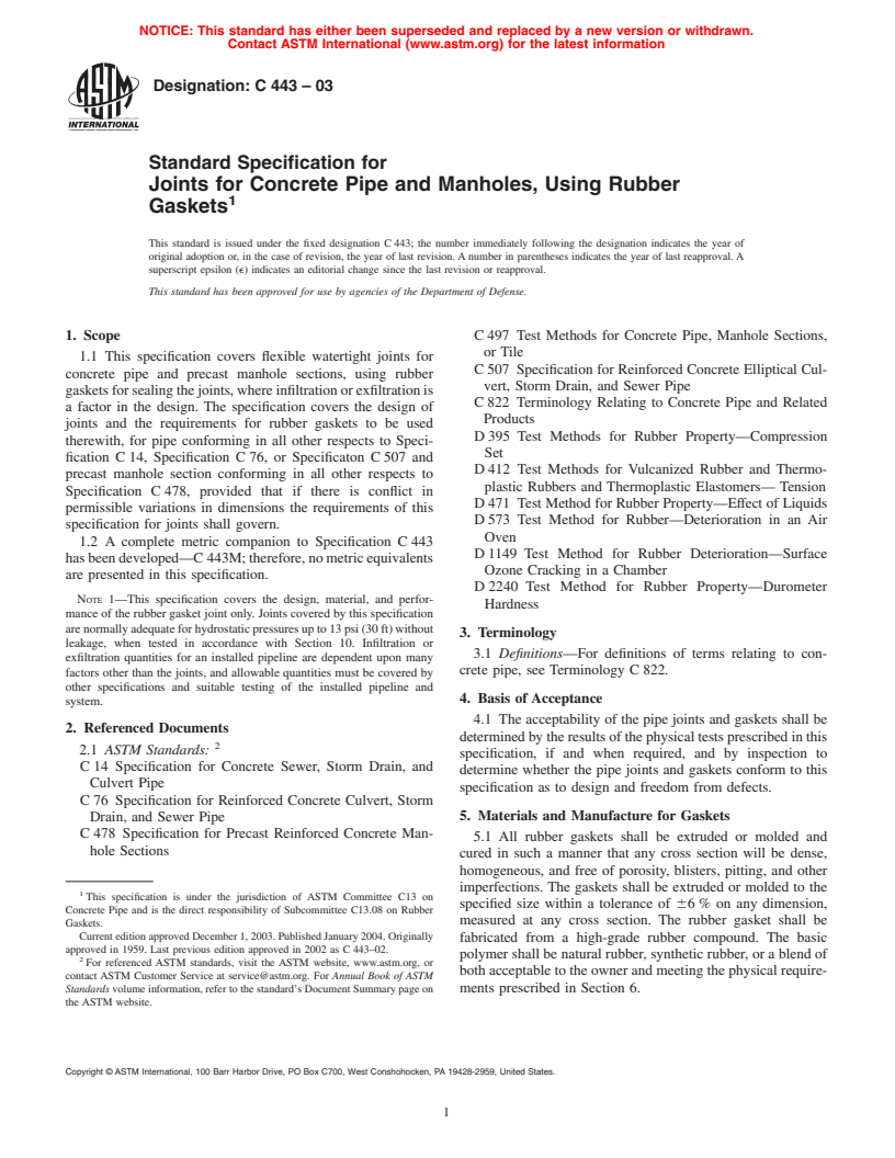 ASTM C443-03 - Standard Specification for Joints for Concrete Pipe and Manholes, Using Rubber Gaskets