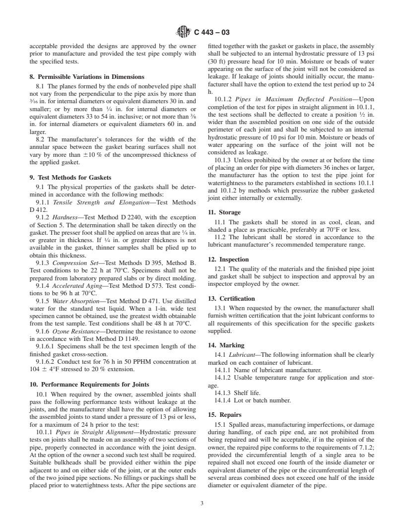 ASTM C443-03 - Standard Specification for Joints for Concrete Pipe and Manholes, Using Rubber Gaskets