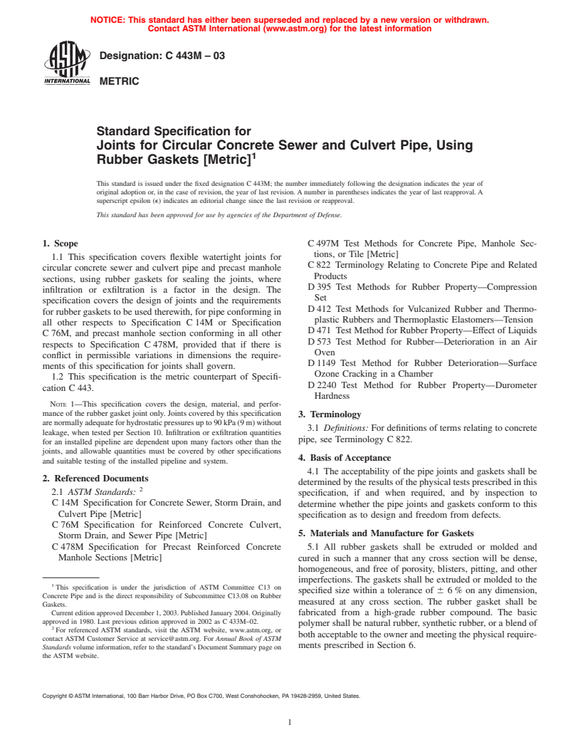 ASTM C443M-03 - Standard Specification for Joints for Concrete Pipe and Manholes, Using Rubber Gaskets (Metric)