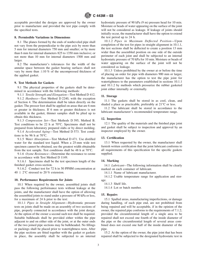 ASTM C443M-03 - Standard Specification for Joints for Concrete Pipe and Manholes, Using Rubber Gaskets (Metric)