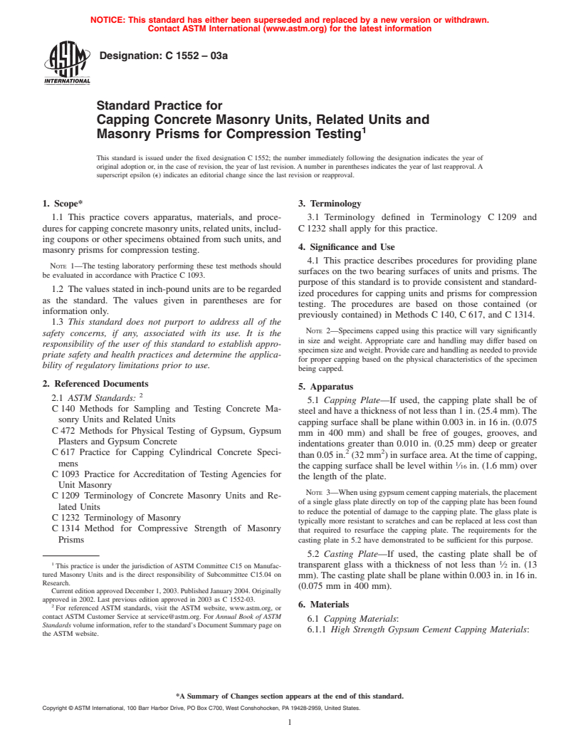 ASTM C1552-03a - Standard Practice for Capping Concrete Masonry Units, Related Units and Masonry Prisms for Compression Testing