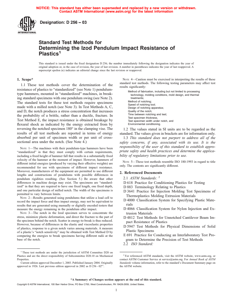 ASTM D256-03 - Standard Test Methods for Determining the Izod Pendulum Impact Resistance of Plastics