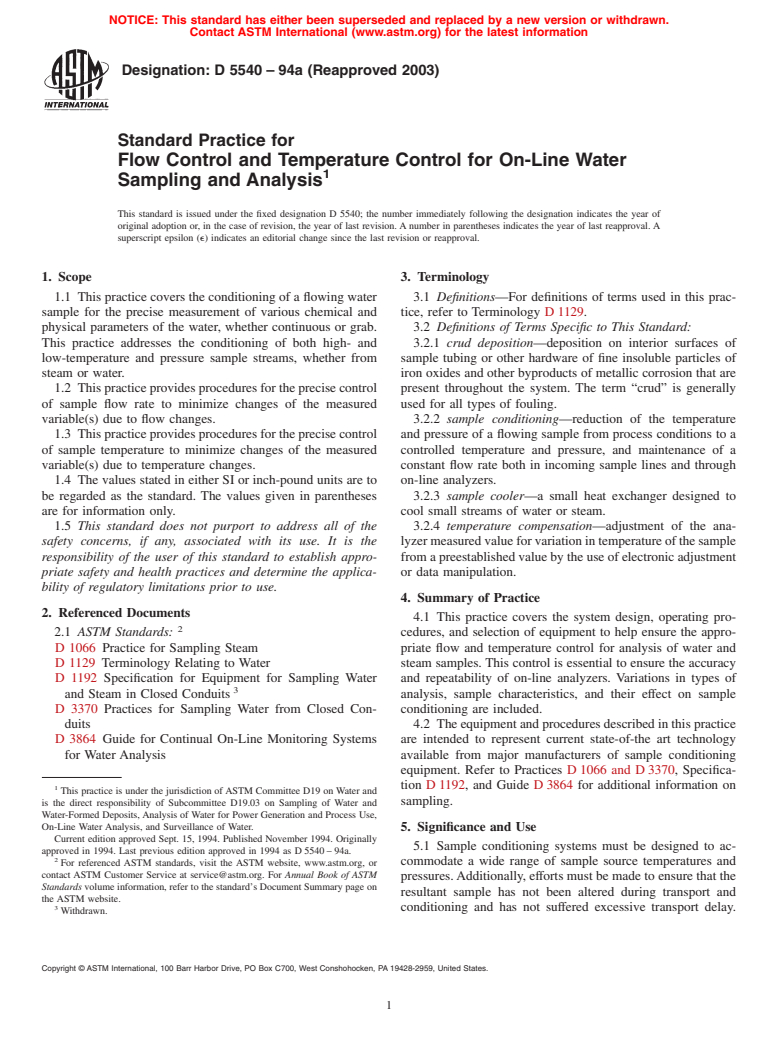 ASTM D5540-94a(2003) - Standard Practice for Flow Control and Temperature Control for On-Line Water Sampling and Analysis