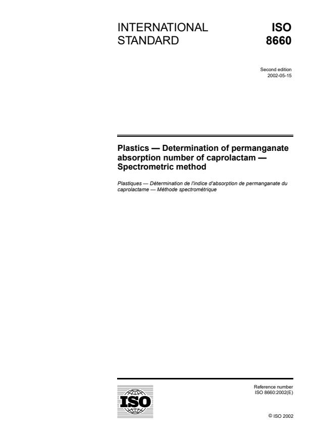 ISO 8660:2002 - Plastics -- Determination of permanganate absorption number of caprolactam -- Spectrometric method
