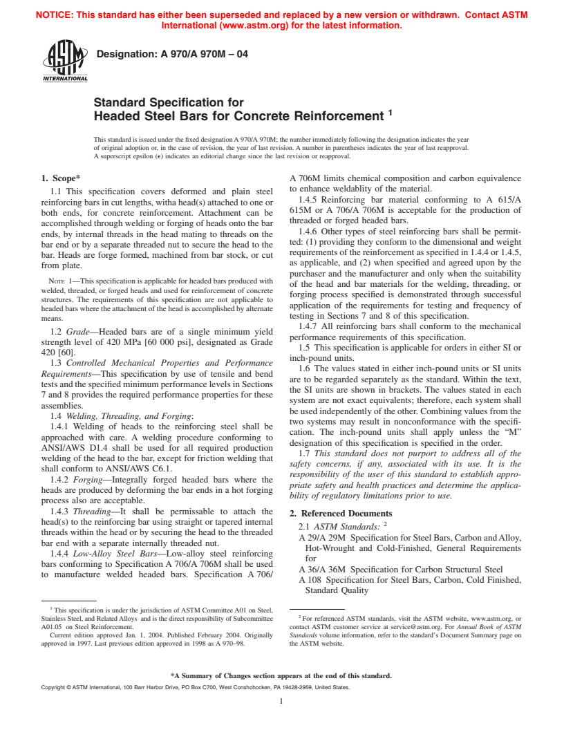 ASTM A970/A970M-04 - Standard Specification for Headed Steel Bars for Concrete Reinforcement