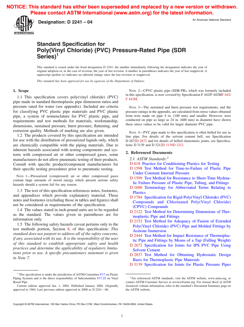 ASTM D2241-04 - Standard Specification for Poly(Vinyl Chloride) (PVC) Pressure-Rated Pipe (SDR Series)