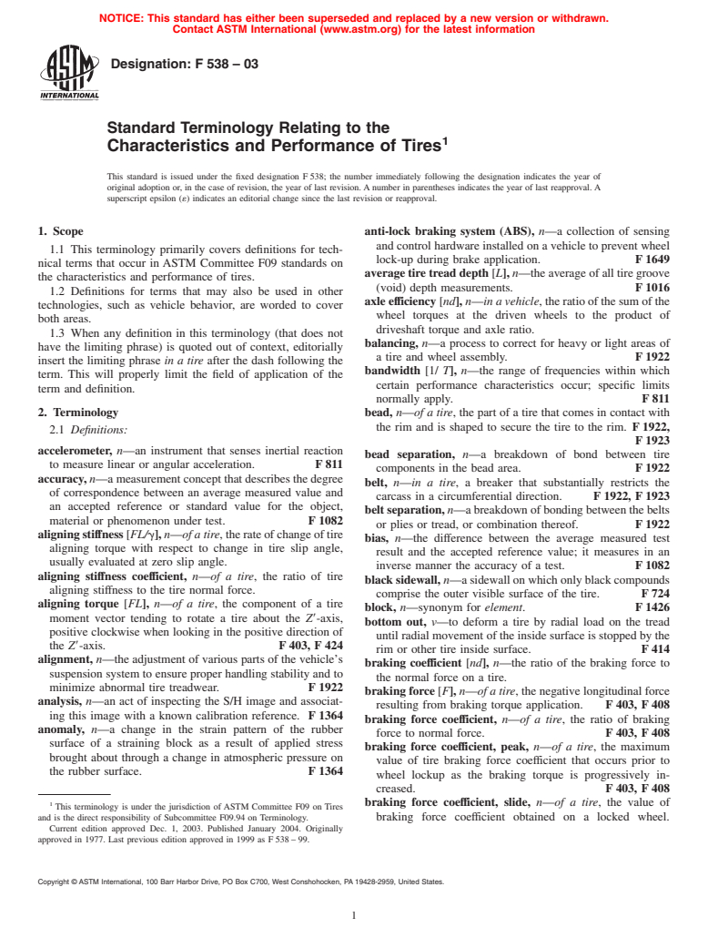 ASTM F538-03 - Standard Terminology Relating to the Characteristics and Performance of Tires