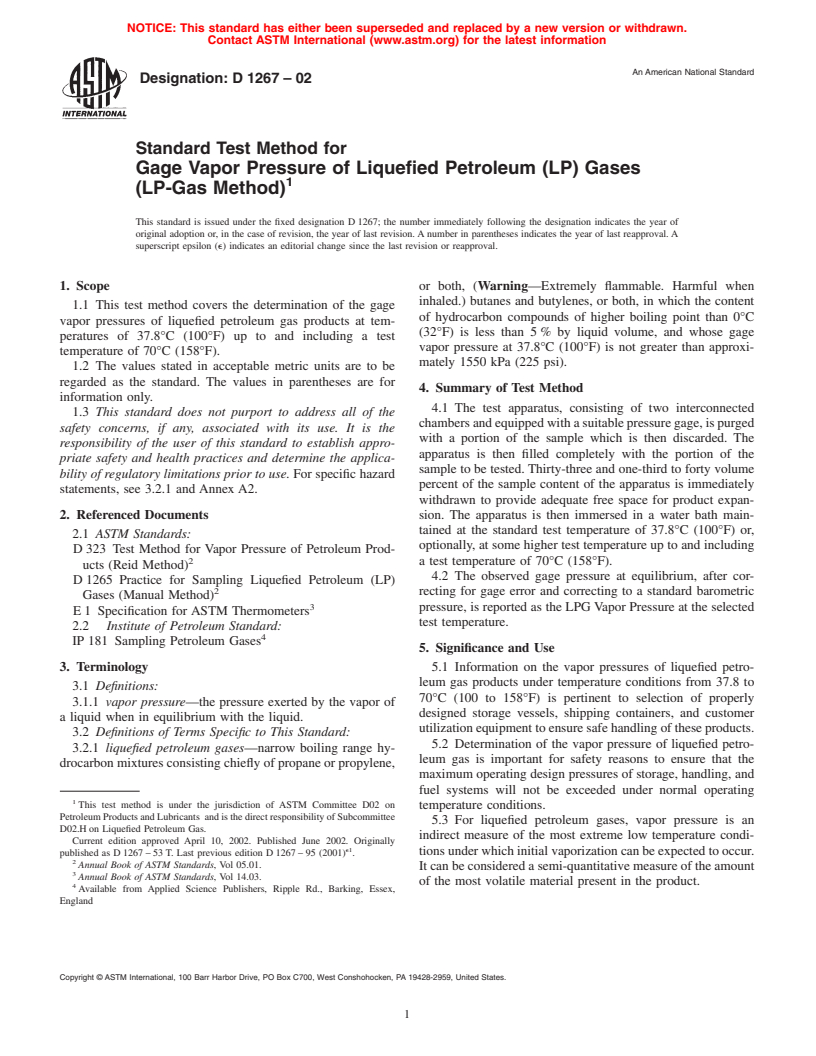 ASTM D1267-02 - Standard Test Method for Gage Vapor Pressure of Liquefied Petroleum (LP) Gases (LP-Gas Method)