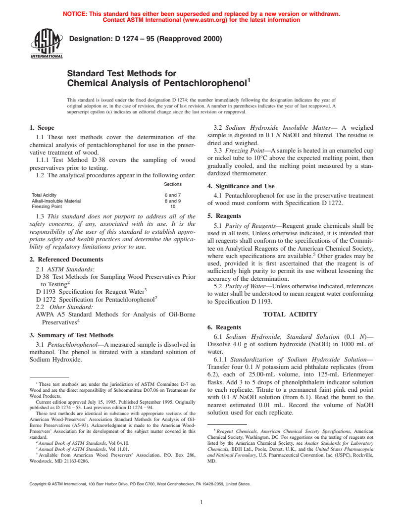 ASTM D1274-95(2000) - Standard Test Methods for Chemical Analysis of Pentachlorophenol (Withdrawn 2006)