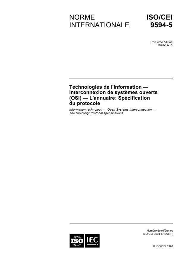 ISO/IEC 9594-5:1998 - Technologies de l'information -- Interconnexion de systemes ouverts (OSI) -- L'annuaire: Spécification du protocole