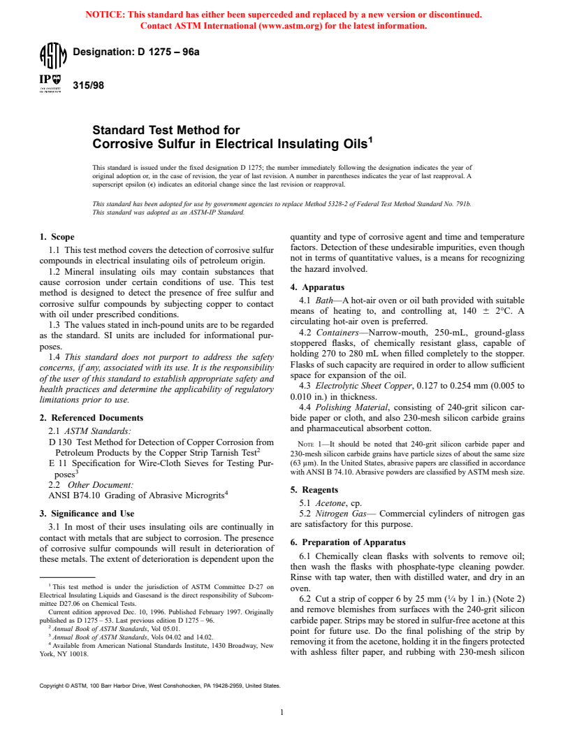 ASTM D1275-96a - Standard Test Method for Corrosive Sulfur in Electrical Insulating Oils