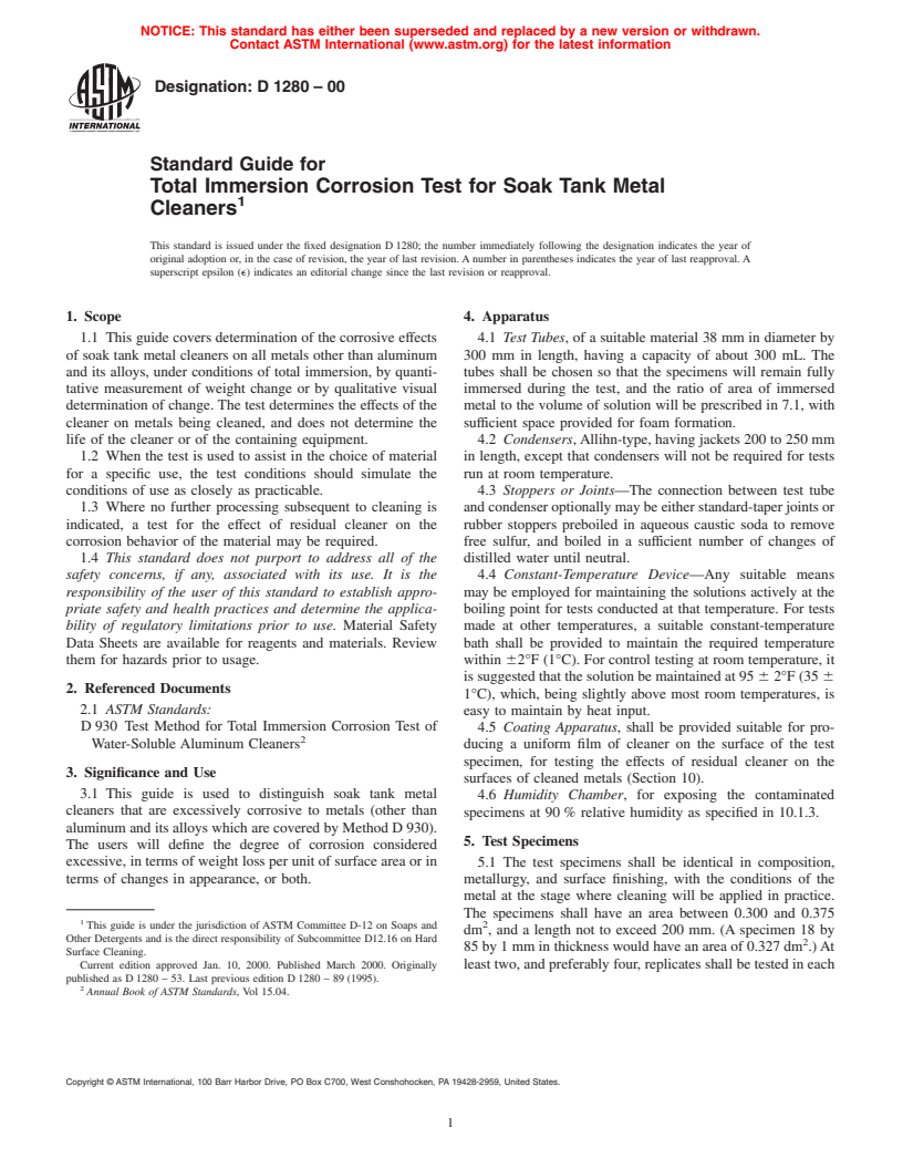 ASTM D1280-00 - Standard Test Method for Total Immersion Corrosion Test for Soak Tank Metal Cleaners