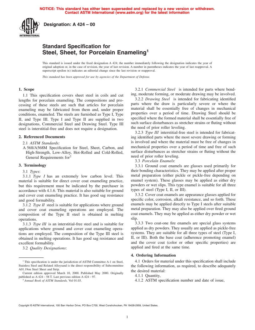 ASTM A424-00 - Standard Specification for Steel, Sheet, for Porcelain Enameling