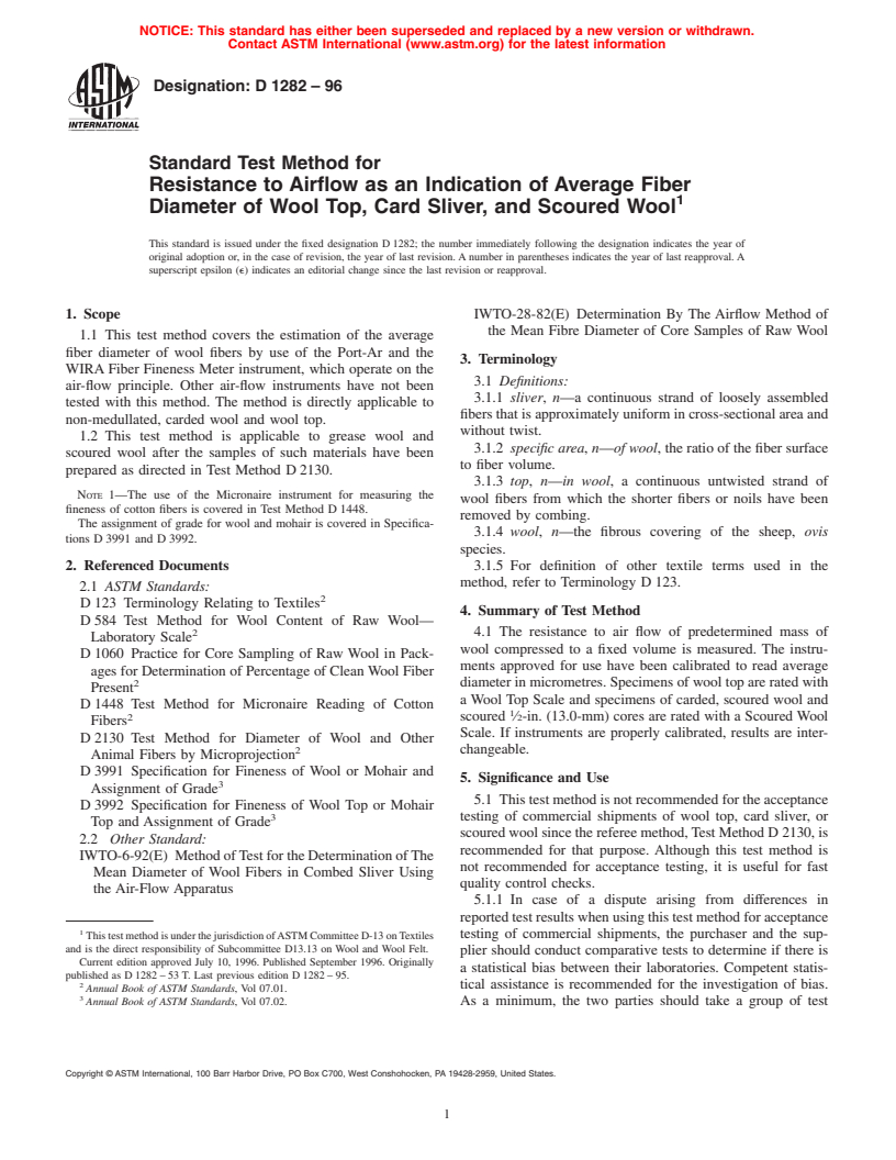 ASTM D1282-96 - Standard Test Method for Resistance to Airflow as an Indication of Average Fiber Diameter of Wool Top, Card Sliver, and Scoured Wool