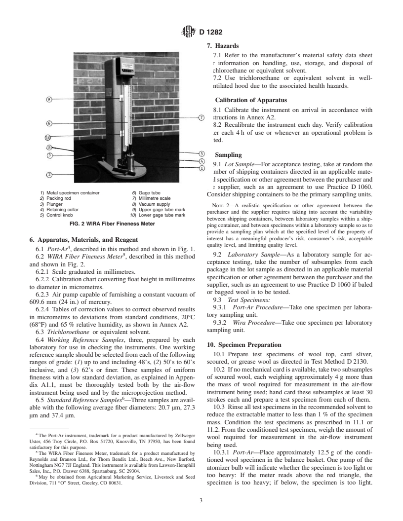 ASTM D1282-96 - Standard Test Method for Resistance to Airflow as an Indication of Average Fiber Diameter of Wool Top, Card Sliver, and Scoured Wool