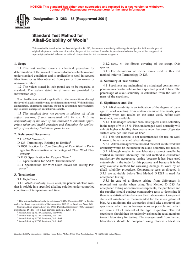 ASTM D1283-85(2001) - Standard Test Method for Alkali-Soluability of Wools