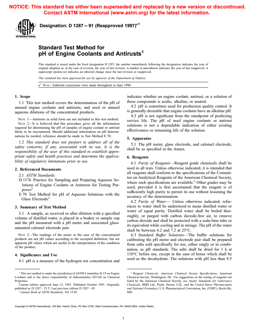 ASTM D1287-91(1997)e1 - Standard Test Method for pH of Engine Coolants and Antirusts