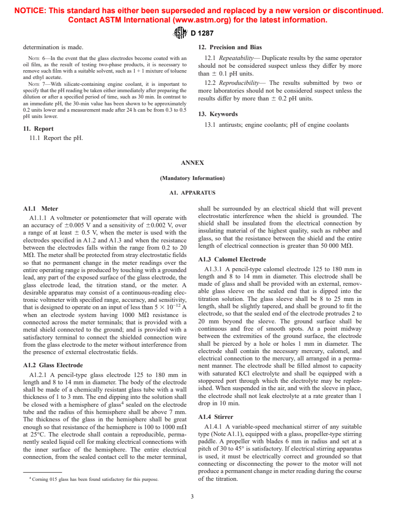 ASTM D1287-91(1997)e1 - Standard Test Method for pH of Engine Coolants and Antirusts