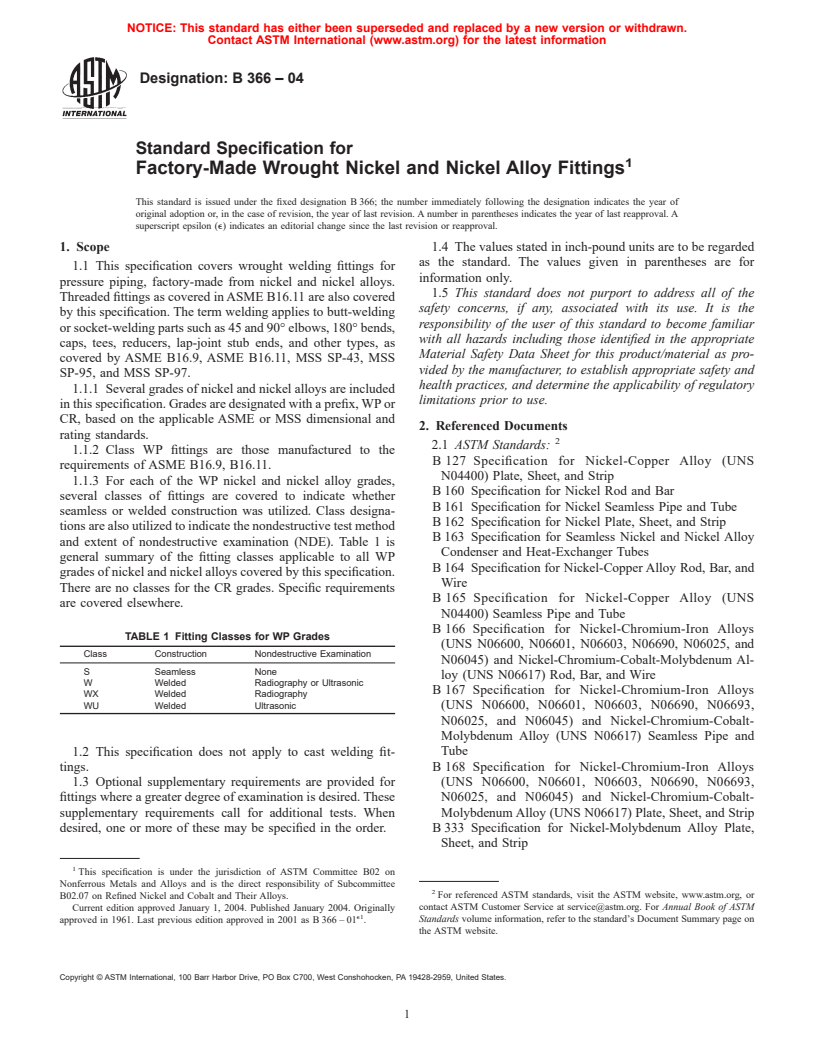 ASTM B366-04 - Standard Specification for Factory-Made Wrought Nickel and Nickel Alloy Fittings