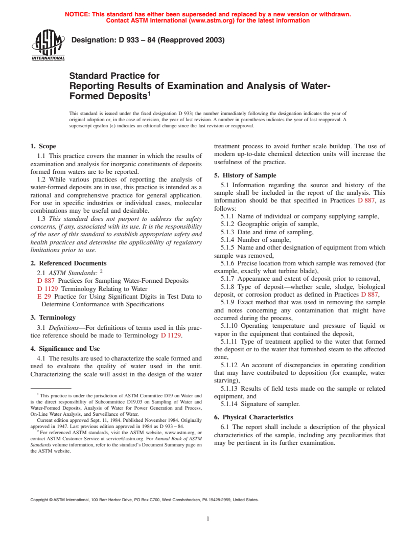 ASTM D933-84(2003) - Standard Practice for Reporting Results of Examination and Analysis of Water-Formed Deposits