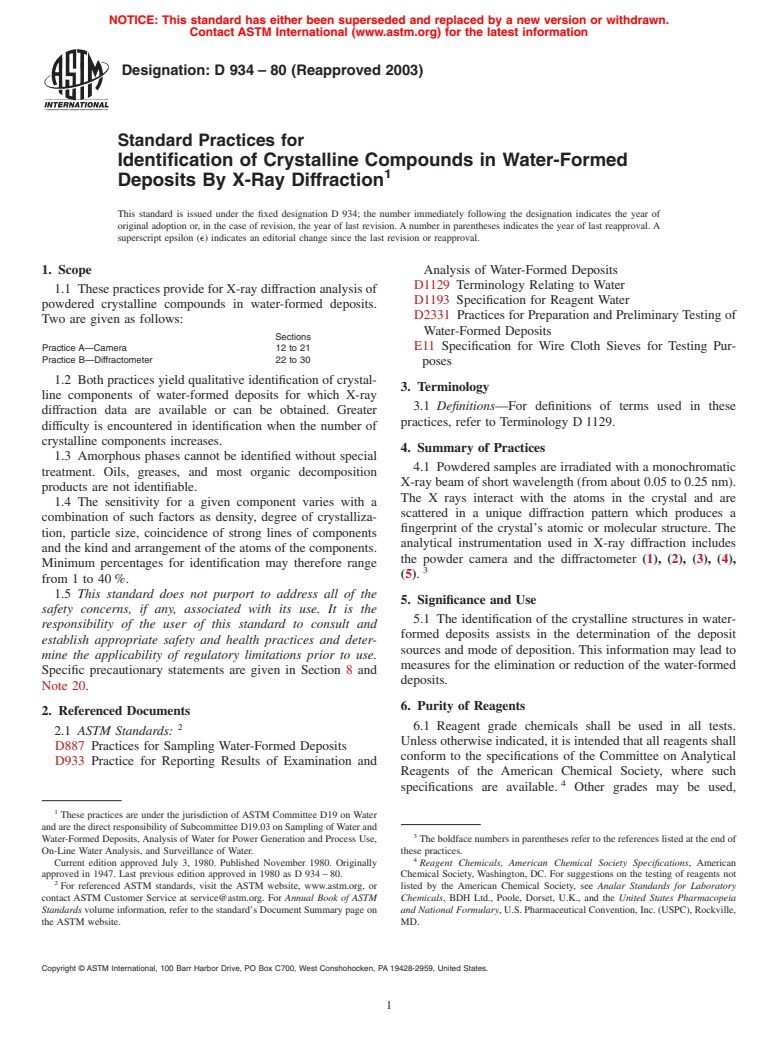 ASTM D934-80(2003) - Standard Practices for Identification of Crystalline Compounds in Water-Formed Deposits By X-Ray Diffraction