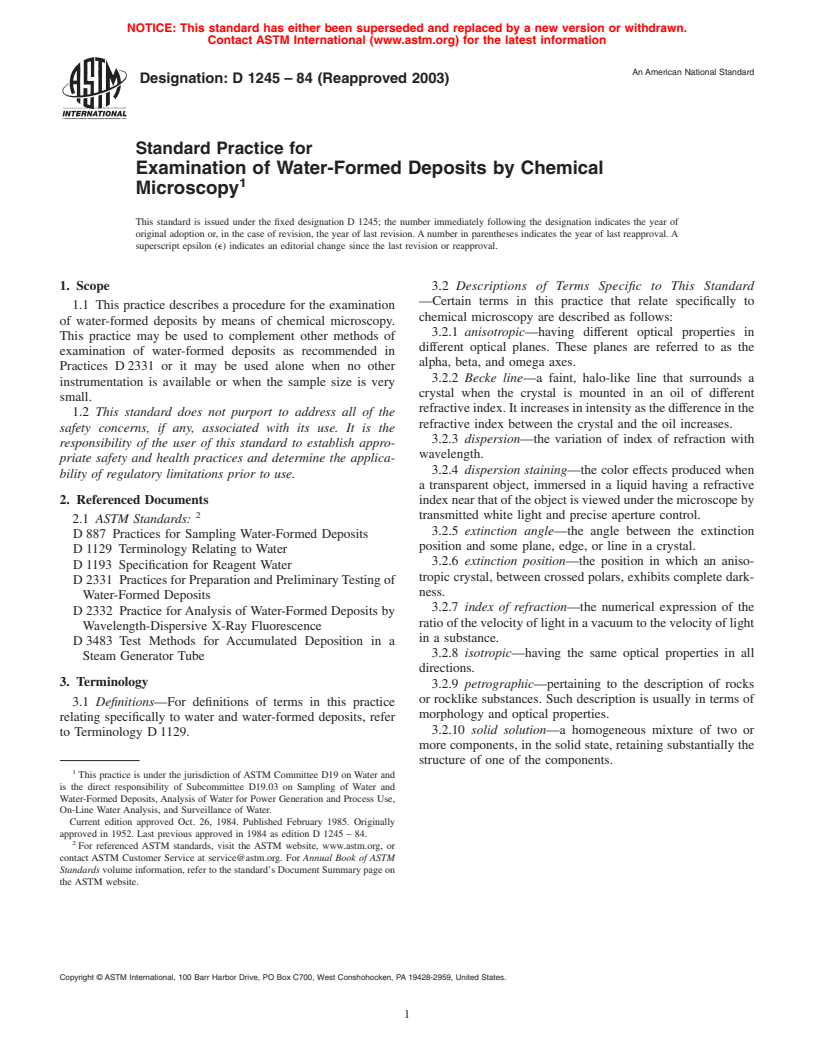 ASTM D1245-84(2003) - Standard Practice for Examination of Water-Formed Deposits by Chemical Microscopy