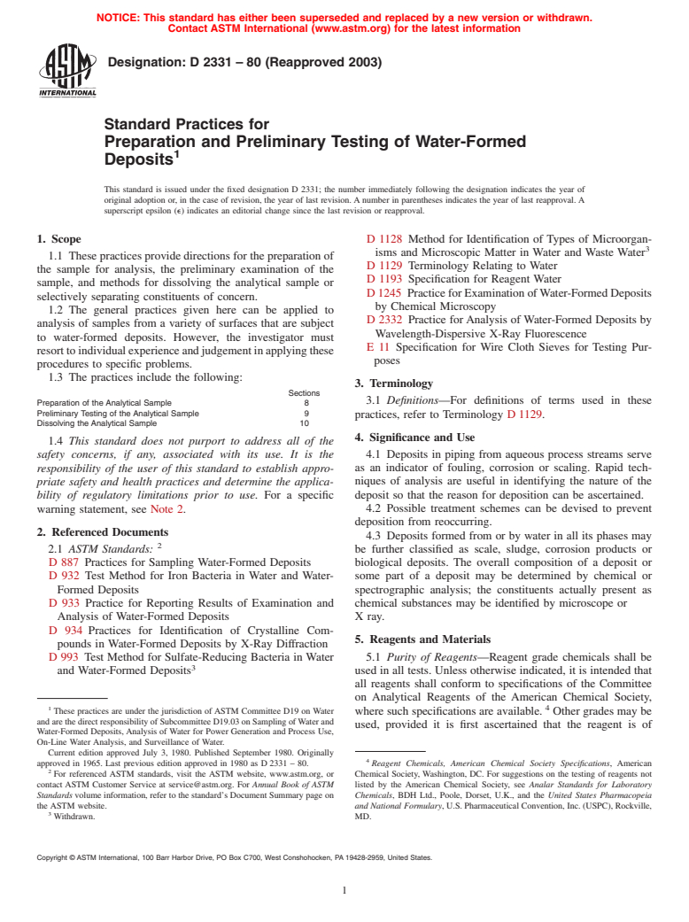 ASTM D2331-80(2003) - Standard Practices for Preparation and Preliminary Testing of Water-Formed Deposits